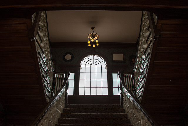 This photo shows the main staircase at the Stanley Hotel in Estes Park, Colorado