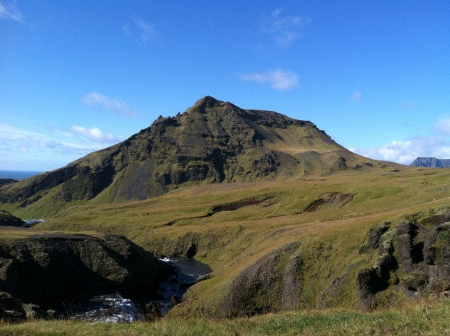 This photo shows a mountain along the Skogafoss river trail in southern Iceland