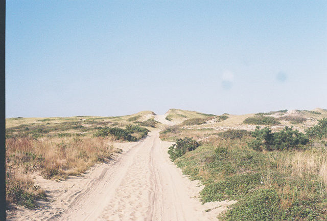 A sandy path between dunes leads to the hillier dunes in Provincetown
